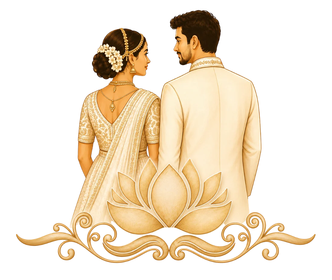 An illustrated wedding couple with an ornate golden lotus